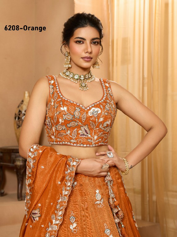 PF SERIES D.NO 6208 WHOLESALE TISSUE WITH WORK ETHNIC WEAR LEHENGA CHOLI FOR EXPORT