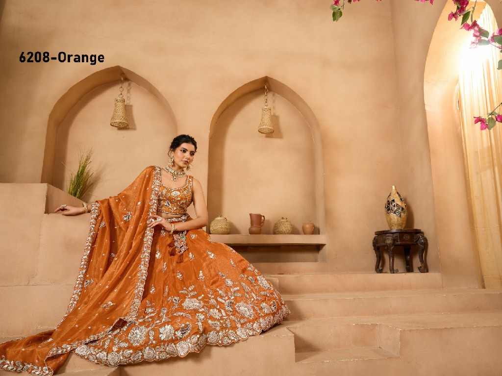 PF SERIES D.NO 6208 WHOLESALE TISSUE WITH WORK ETHNIC WEAR LEHENGA CHOLI FOR EXPORT