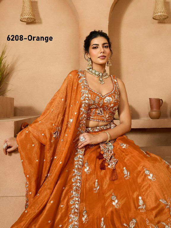 PF SERIES D.NO 6208 WHOLESALE TISSUE WITH WORK ETHNIC WEAR LEHENGA CHOLI FOR EXPORT