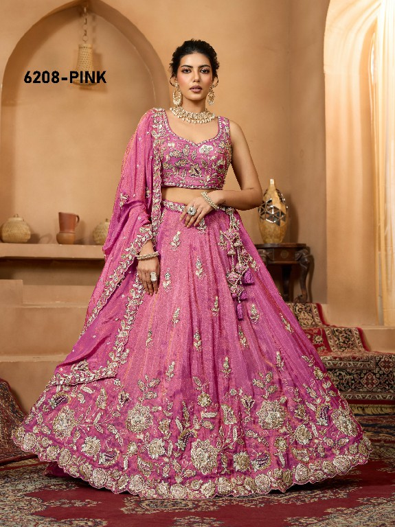 PF SERIES D.NO 6208 WHOLESALE TISSUE WITH WORK ETHNIC WEAR LEHENGA CHOLI FOR EXPORT