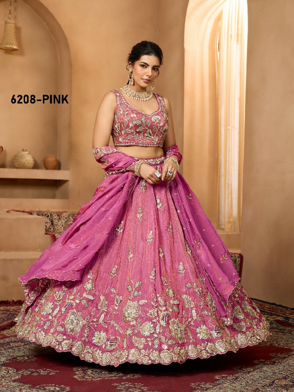 PF SERIES D.NO 6208 WHOLESALE TISSUE WITH WORK ETHNIC WEAR LEHENGA CHOLI FOR EXPORT