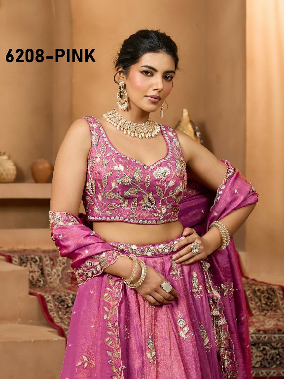 PF SERIES D.NO 6208 WHOLESALE TISSUE WITH WORK ETHNIC WEAR LEHENGA CHOLI FOR EXPORT