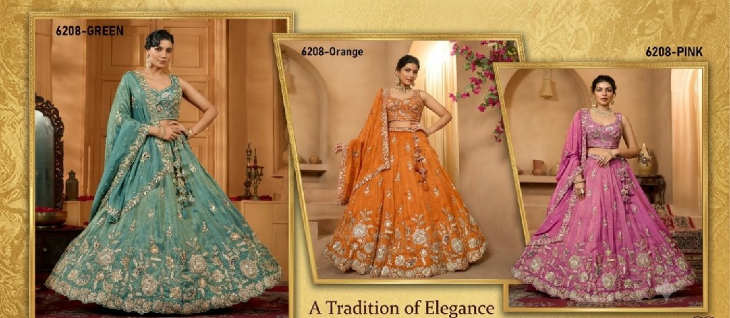 PF SERIES D.NO 6208 WHOLESALE TISSUE WITH WORK ETHNIC WEAR LEHENGA CHOLI FOR EXPORT