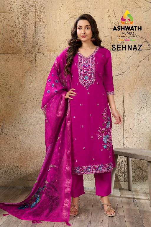 ASHWATH TRENDZ SEHNAZ WHOLESALE READYMADE MULL CHANDERI BEAUTIFUL 3 PCS SUITS EXPORTER