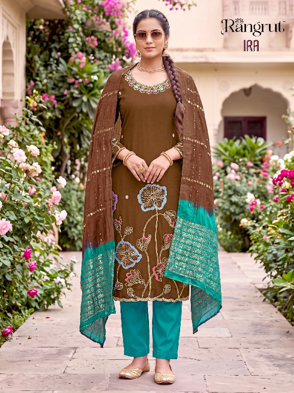 RANGRUT IRA WHOLESALE READYMADE ROMAN SILK WITH WORK BIG SIZE AMAZING 3 PCS SUITS EXPORTER