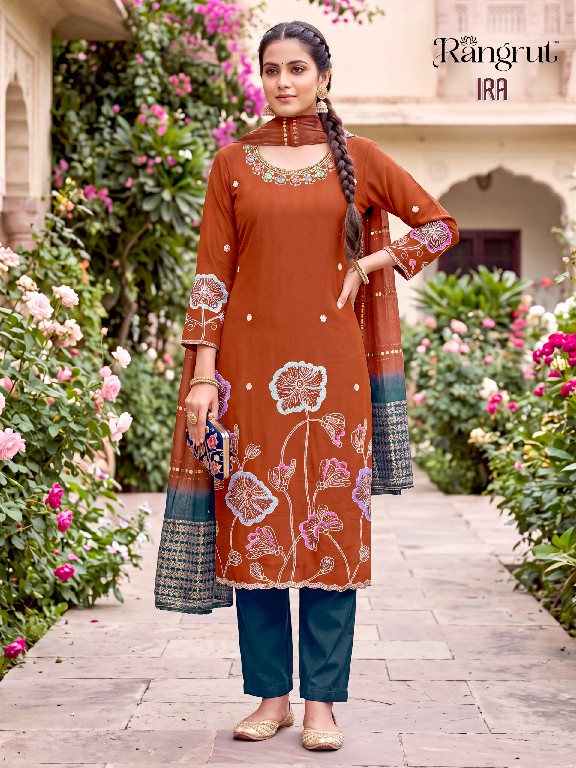 RANGRUT IRA WHOLESALE READYMADE ROMAN SILK WITH WORK BIG SIZE AMAZING 3 PCS SUITS EXPORTER