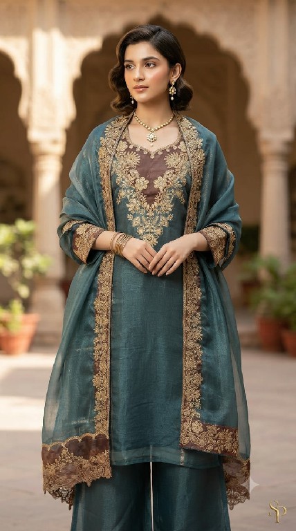 SAHIL PRINTS PRESENT READYMADE TISSUE SIMAR WITH HEAVY WORK 3 PCS COMBO SET SUITS EXPORTER