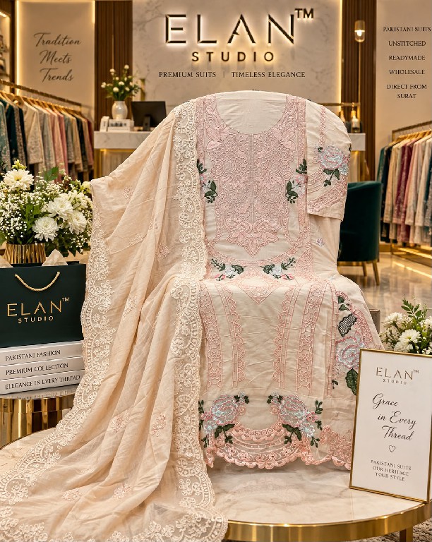 ELAN STUDIO D.NO E-49 WHOLESALE CAMBRIC LAWN HEAVY EMBROIDERED UNSTITCH SALWAR SUITS SUPPLIER