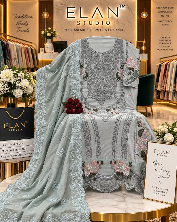 ELAN STUDIO D.NO E-49 WHOLESALE CAMBRIC LAWN HEAVY EMBROIDERED UNSTITCH SALWAR SUITS SUPPLIER