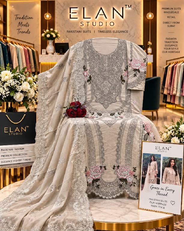 ELAN STUDIO D.NO E-49 WHOLESALE CAMBRIC LAWN HEAVY EMBROIDERED UNSTITCH SALWAR SUITS SUPPLIER