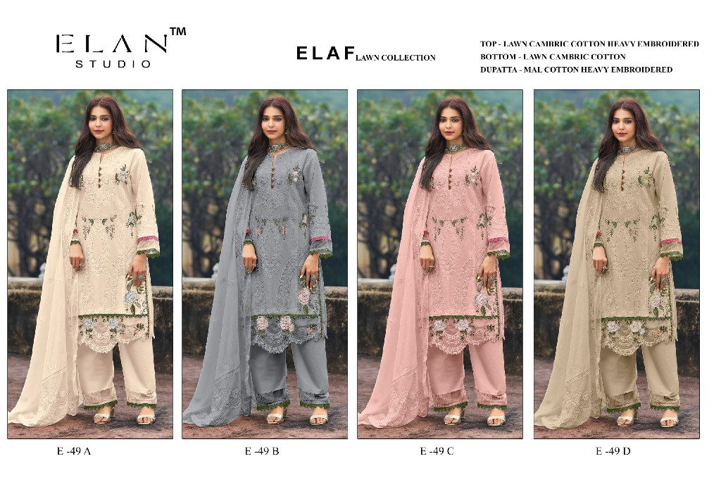 ELAN STUDIO D.NO E-49 WHOLESALE CAMBRIC LAWN HEAVY EMBROIDERED UNSTITCH SALWAR SUITS SUPPLIER