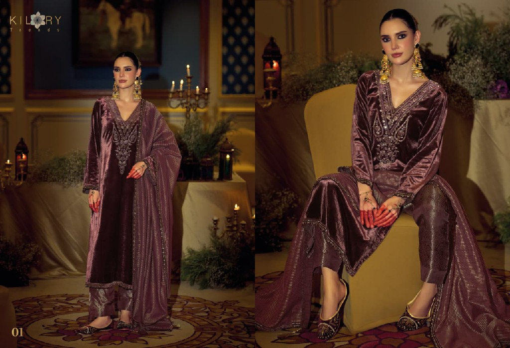 KILORY TRENDS DAASTAAN WHOLESALE PREMIUM VELVET WINTER COLLECTION UNSTITCH SALWAR SUITS EXPORTER