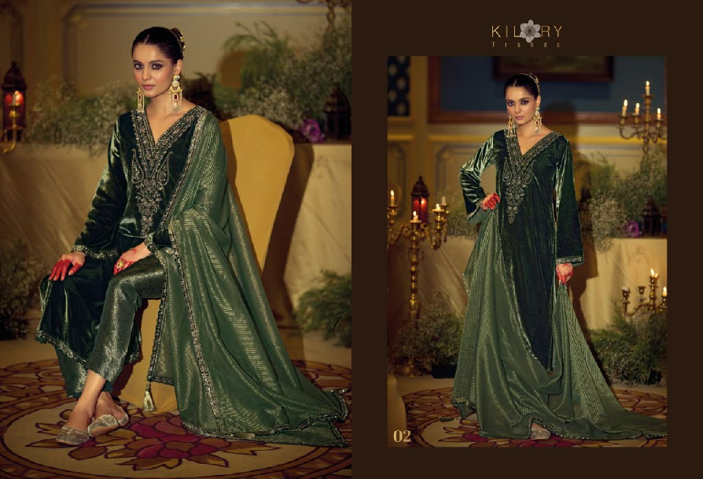 KILORY TRENDS DAASTAAN WHOLESALE PREMIUM VELVET WINTER COLLECTION UNSTITCH SALWAR SUITS EXPORTER