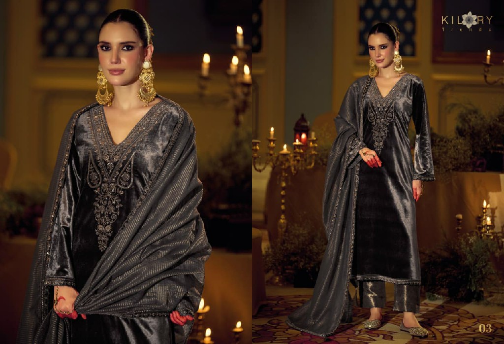 KILORY TRENDS DAASTAAN WHOLESALE PREMIUM VELVET WINTER COLLECTION UNSTITCH SALWAR SUITS EXPORTER