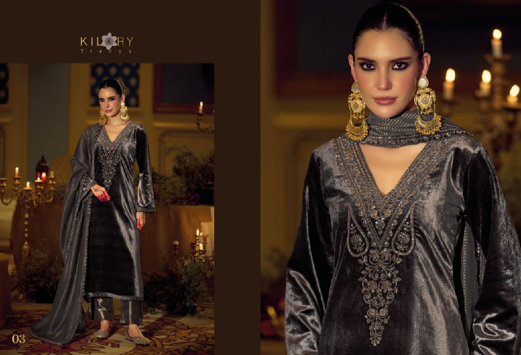 KILORY TRENDS DAASTAAN WHOLESALE PREMIUM VELVET WINTER COLLECTION UNSTITCH SALWAR SUITS EXPORTER