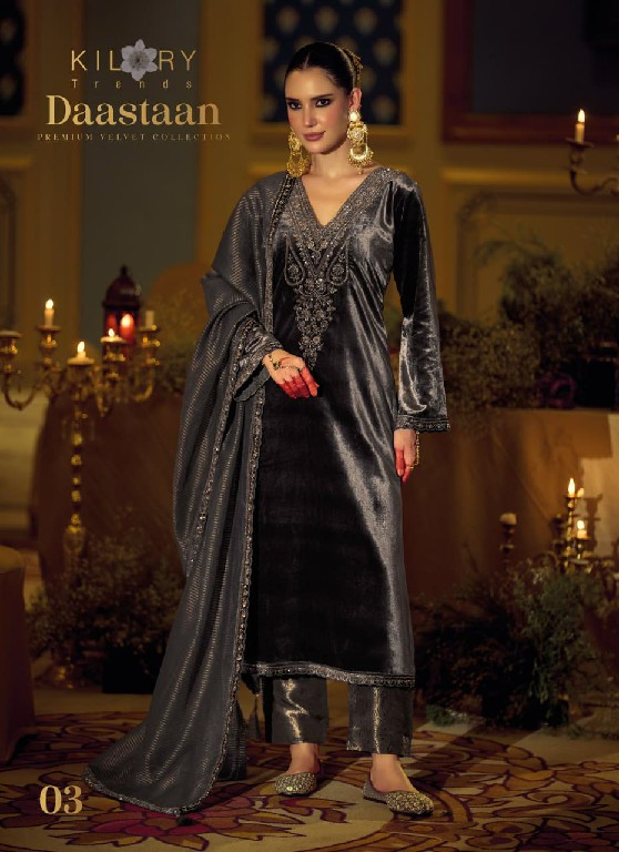 KILORY TRENDS DAASTAAN WHOLESALE PREMIUM VELVET WINTER COLLECTION UNSTITCH SALWAR SUITS EXPORTER