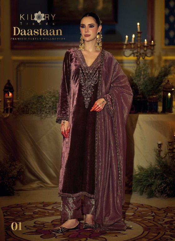KILORY TRENDS DAASTAAN WHOLESALE PREMIUM VELVET WINTER COLLECTION UNSTITCH SALWAR SUITS EXPORTER