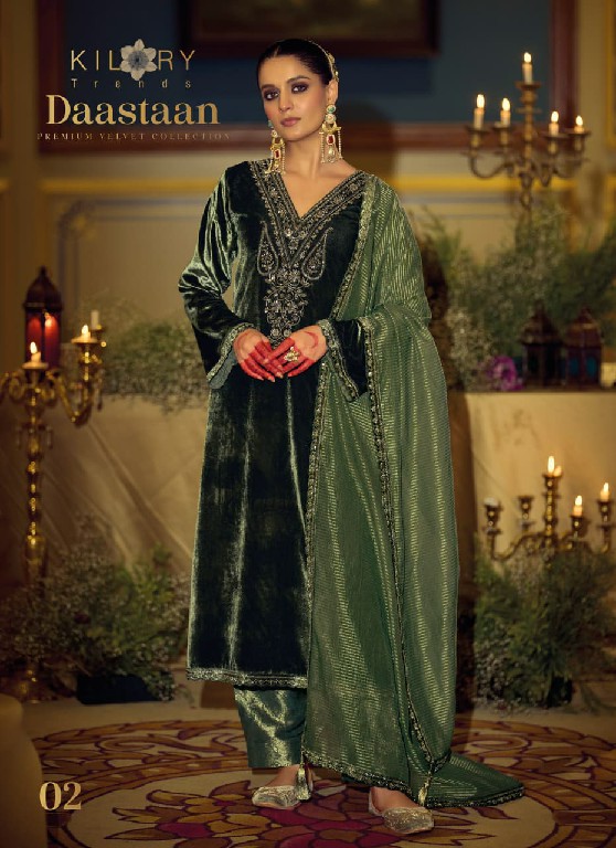 KILORY TRENDS DAASTAAN WHOLESALE PREMIUM VELVET WINTER COLLECTION UNSTITCH SALWAR SUITS EXPORTER