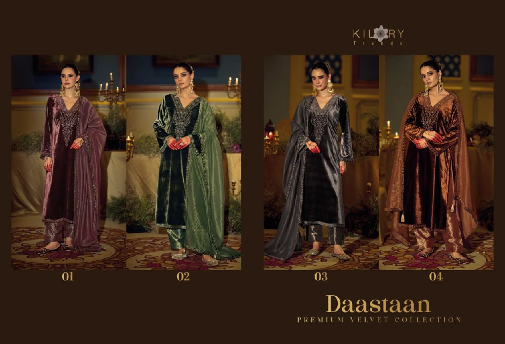 KILORY TRENDS DAASTAAN WHOLESALE PREMIUM VELVET WINTER COLLECTION UNSTITCH SALWAR SUITS EXPORTER