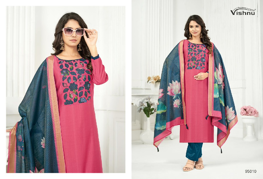 VISHNU KAJAL WHOLESALE VETICAN SILK FANCY DESIGN UNSTITCH SALWAR SUITS SUPPLIER