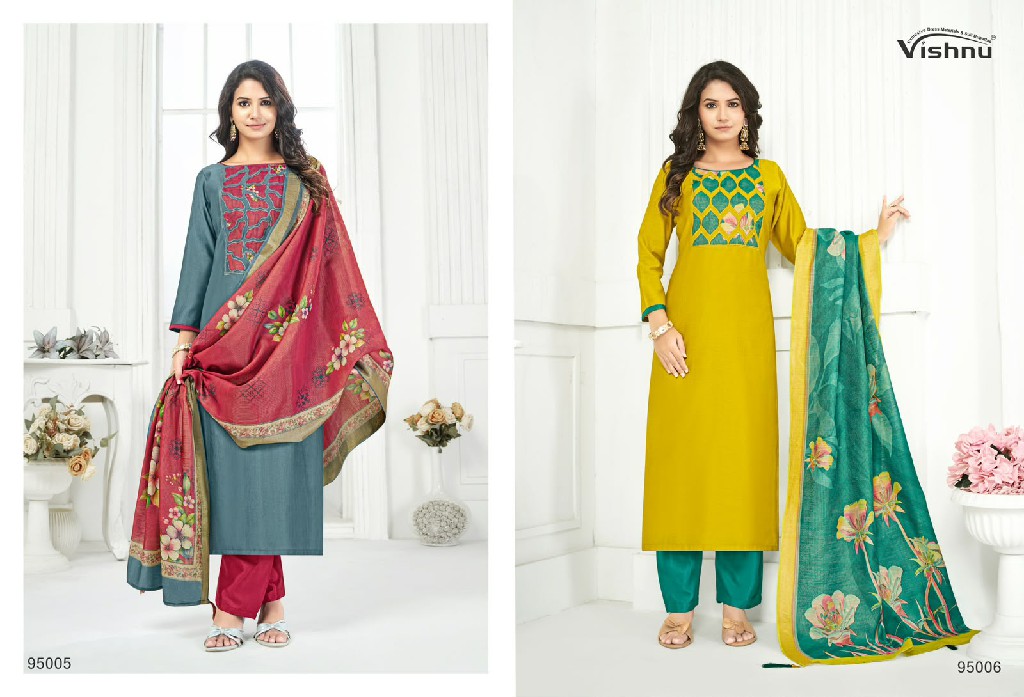 VISHNU KAJAL WHOLESALE VETICAN SILK FANCY DESIGN UNSTITCH SALWAR SUITS SUPPLIER