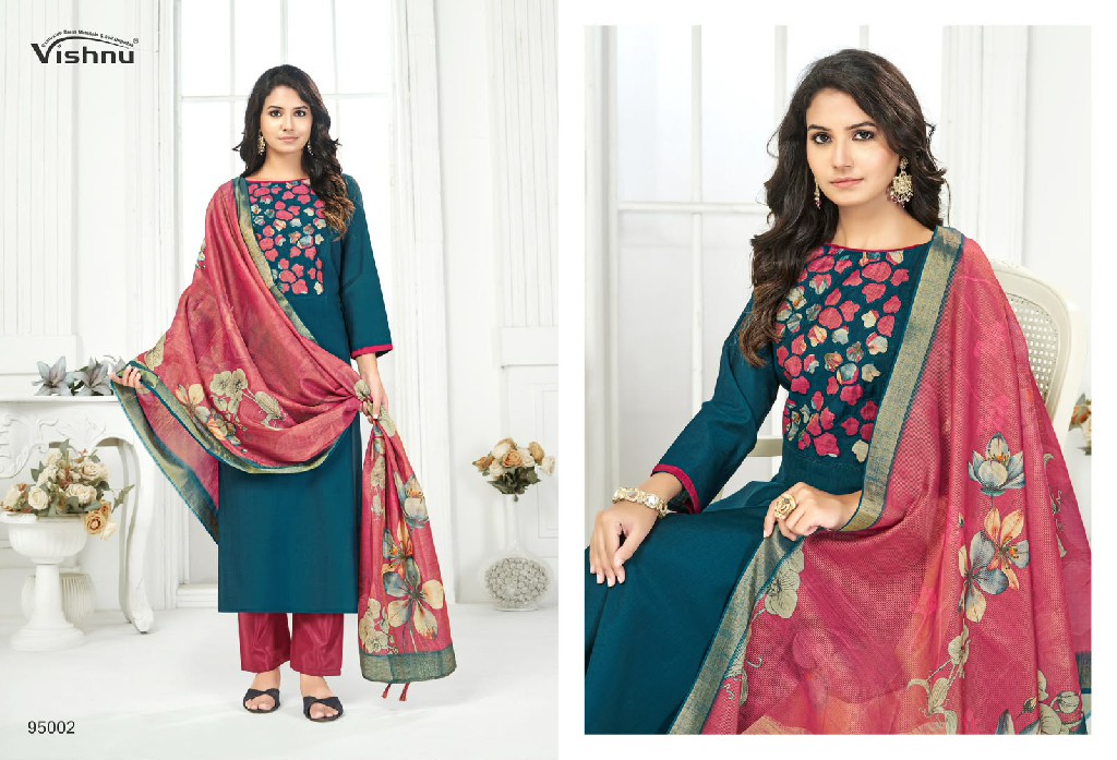 VISHNU KAJAL WHOLESALE VETICAN SILK FANCY DESIGN UNSTITCH SALWAR SUITS SUPPLIER