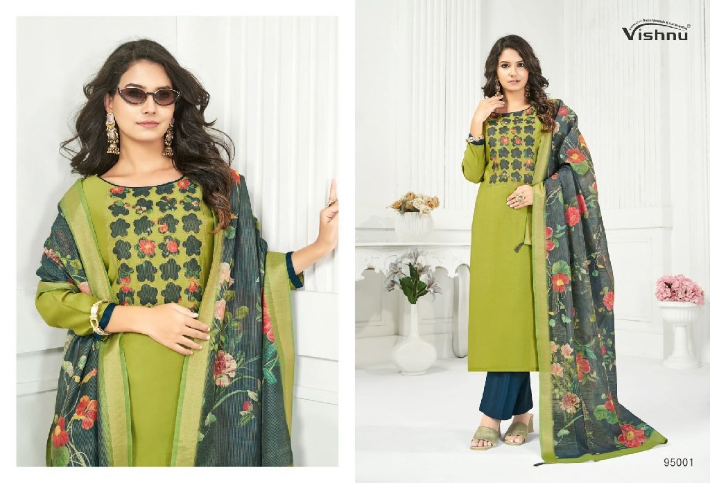 VISHNU KAJAL WHOLESALE VETICAN SILK FANCY DESIGN UNSTITCH SALWAR SUITS SUPPLIER