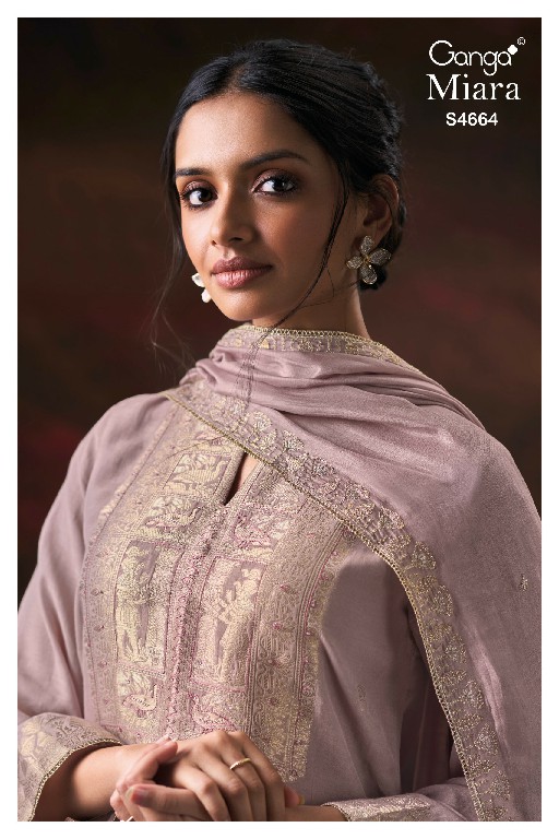 GANGA MIARA S4664 WHOLESALE PURE BANARASI MUL JACQUARD UNSTITCH SALWAR SUITS EXPORTER