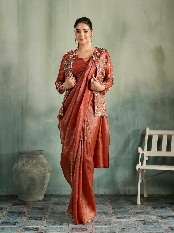 AMOHA D.NO A575 WHOLESALE SHIMMER ORGANZA READY TO WEAR SAREES WITH JACKET FOR WOMEN ONLINE
