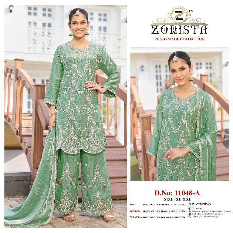 ZORISTA D.NO 11048 WHOLESALE READYMADE FANDY CRUSH SILK PAKISTANI PLAZZO STYLE 3 PCS SUITS EXPORTER