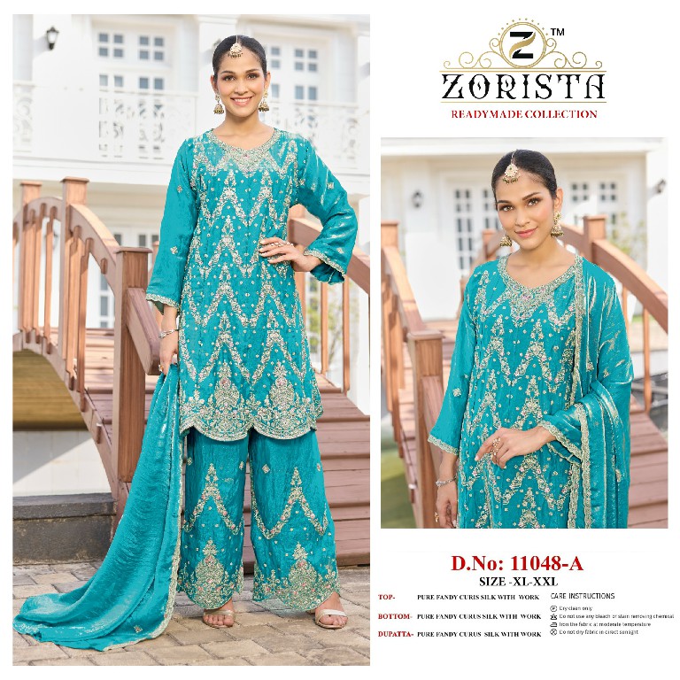 ZORISTA D.NO 11048 WHOLESALE READYMADE FANDY CRUSH SILK PAKISTANI PLAZZO STYLE 3 PCS SUITS EXPORTER