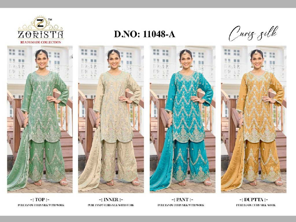 ZORISTA D.NO 11048 WHOLESALE READYMADE FANDY CRUSH SILK PAKISTANI PLAZZO STYLE 3 PCS SUITS EXPORTER