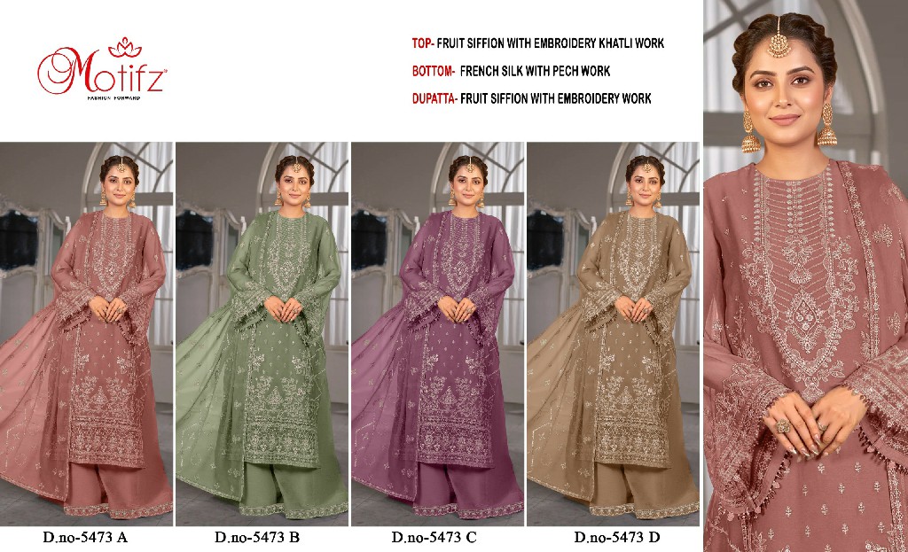 MOTIFZ D.NO 5473 WHOLESALE FRUIT CHIFFON PAKISTANI POPULAR DESIGN UNSTITCH SALWAR SUITS EXPORTER