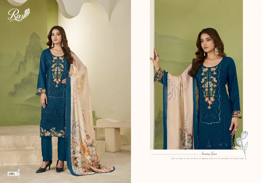 RAS RANG E BAHAR WHOLESALE VISCOSE MUSLIN AMAZING WORK UNSTITCH SALWAR SUITS SUPPLIER