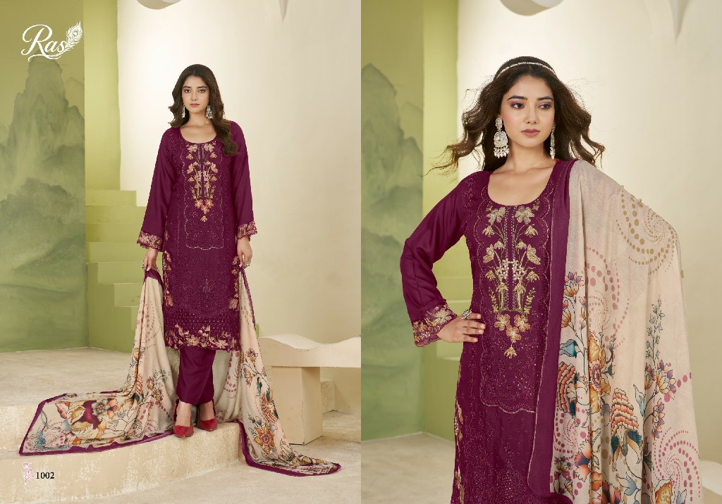 RAS RANG E BAHAR WHOLESALE VISCOSE MUSLIN AMAZING WORK UNSTITCH SALWAR SUITS SUPPLIER