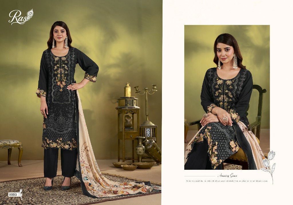 RAS RANG E BAHAR WHOLESALE VISCOSE MUSLIN AMAZING WORK UNSTITCH SALWAR SUITS SUPPLIER