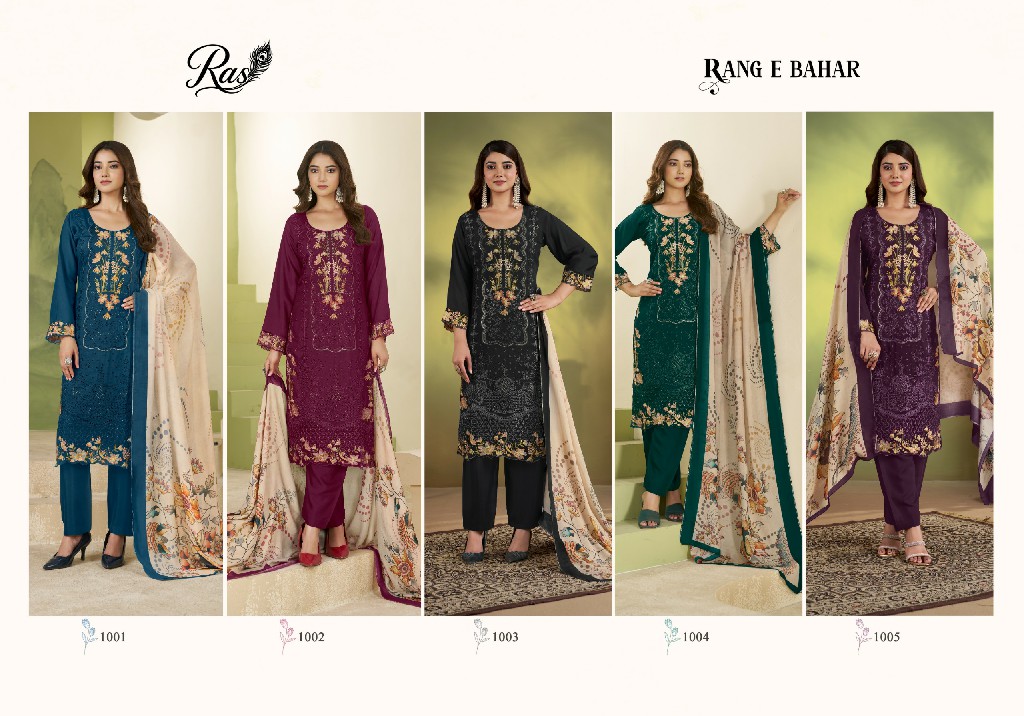 RAS RANG E BAHAR WHOLESALE VISCOSE MUSLIN AMAZING WORK UNSTITCH SALWAR SUITS SUPPLIER