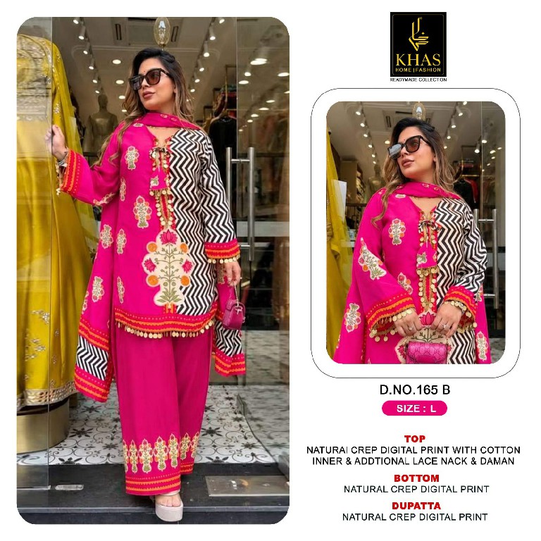KHAS D.NO 165 WHOLESALE READYMADE NATURAL CREPE DIGITAL PRINTED 3 PCS COMBO SET SUITS EXPORTER