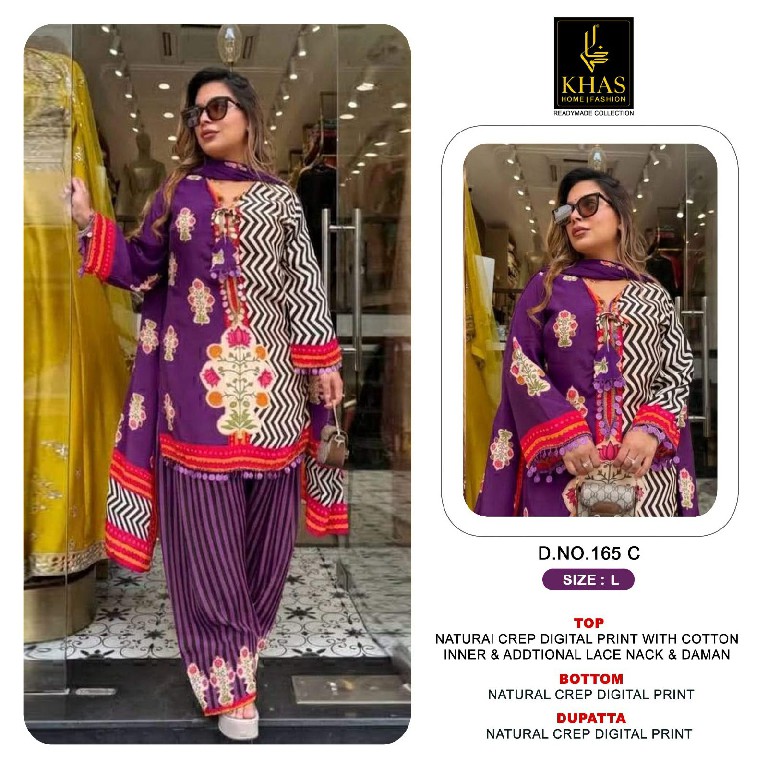 KHAS D.NO 165 WHOLESALE READYMADE NATURAL CREPE DIGITAL PRINTED 3 PCS COMBO SET SUITS EXPORTER