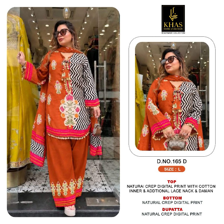 KHAS D.NO 165 WHOLESALE READYMADE NATURAL CREPE DIGITAL PRINTED 3 PCS COMBO SET SUITS EXPORTER