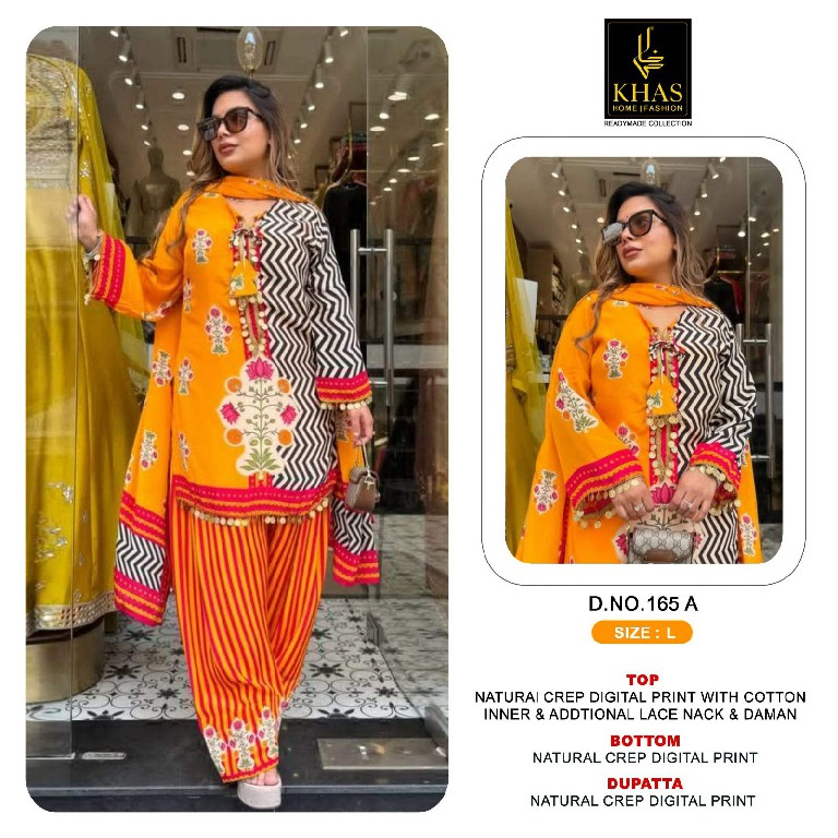 KHAS D.NO 165 WHOLESALE READYMADE NATURAL CREPE DIGITAL PRINTED 3 PCS COMBO SET SUITS EXPORTER
