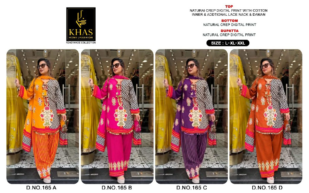 KHAS D.NO 165 WHOLESALE READYMADE NATURAL CREPE DIGITAL PRINTED 3 PCS COMBO SET SUITS EXPORTER