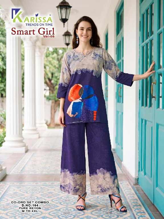 KARISSA SMART GIRL VOL 5 D.NO 151-153-163 TO 167 WHOLESALE READYMADE HEAVY RAYON DIGITAL PRINTED STYLISH LOOK COMBO CORD SET FOR EXPORT