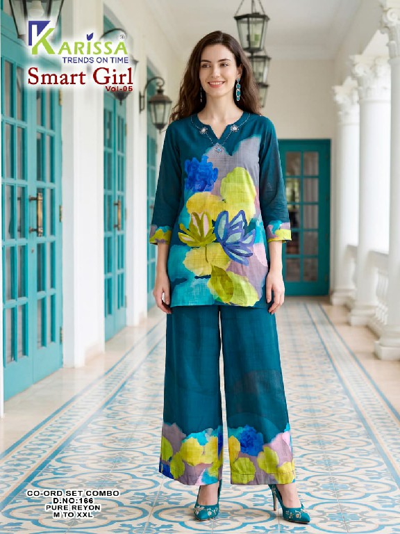 KARISSA SMART GIRL VOL 5 D.NO 151-153-163 TO 167 WHOLESALE READYMADE HEAVY RAYON DIGITAL PRINTED STYLISH LOOK COMBO CORD SET FOR EXPORT