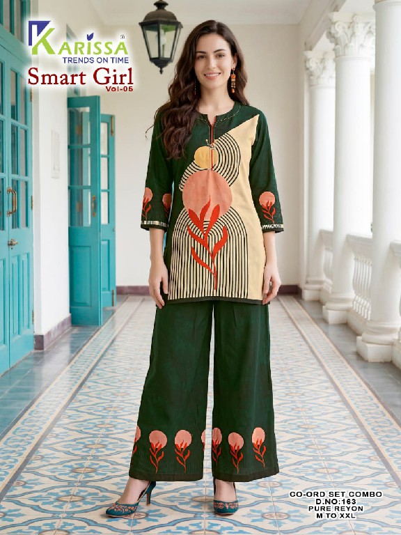 KARISSA SMART GIRL VOL 5 D.NO 151-153-163 TO 167 WHOLESALE READYMADE HEAVY RAYON DIGITAL PRINTED STYLISH LOOK COMBO CORD SET FOR EXPORT