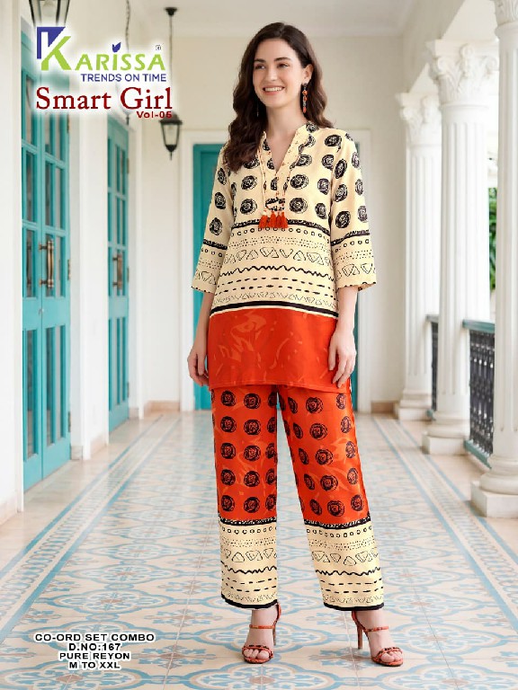 KARISSA SMART GIRL VOL 5 D.NO 151-153-163 TO 167 WHOLESALE READYMADE HEAVY RAYON DIGITAL PRINTED STYLISH LOOK COMBO CORD SET FOR EXPORT