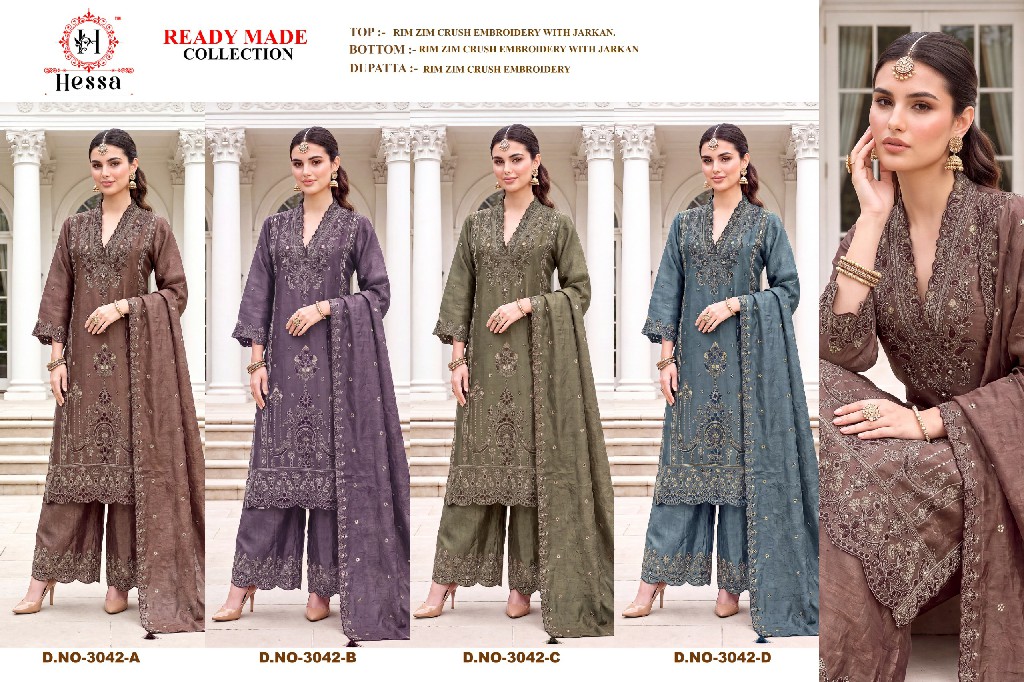 HESSA D.NO 3042 WHOLESALE READYMADE RIMZIM CRUSH PAKISTANI PLAZZO STYLE 3 PCS SUITS EXPORTER