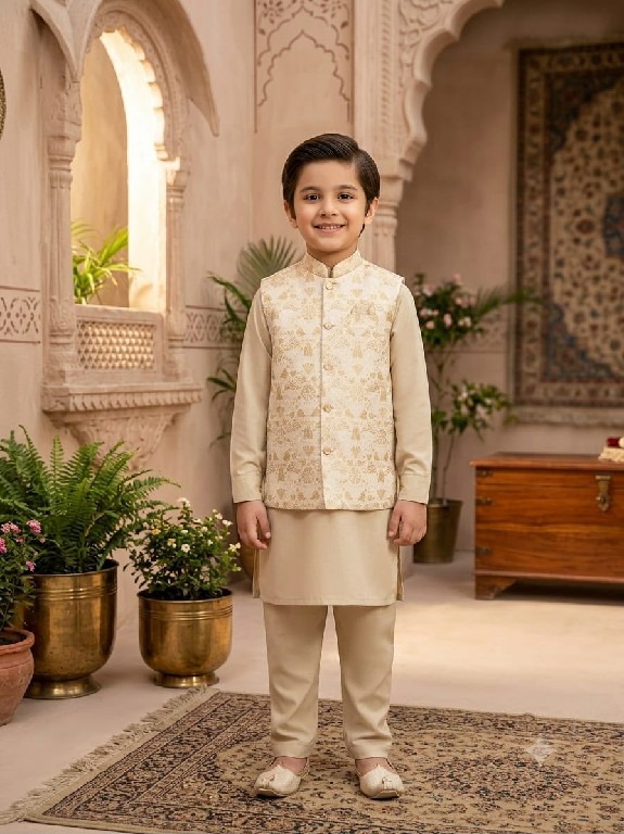 VENMER LAUNCH READYMADE PARTY WEAR SILK KURTA PYJAMA WITH JACQUARD KOTI FOR KIDS ONLINE