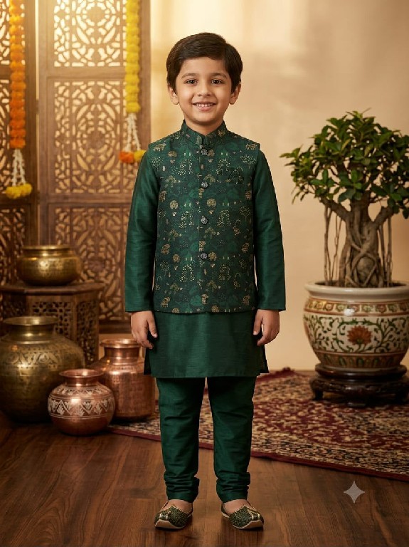 VENMER LAUNCH READYMADE PARTY WEAR SILK KURTA PYJAMA WITH JACQUARD KOTI FOR KIDS ONLINE