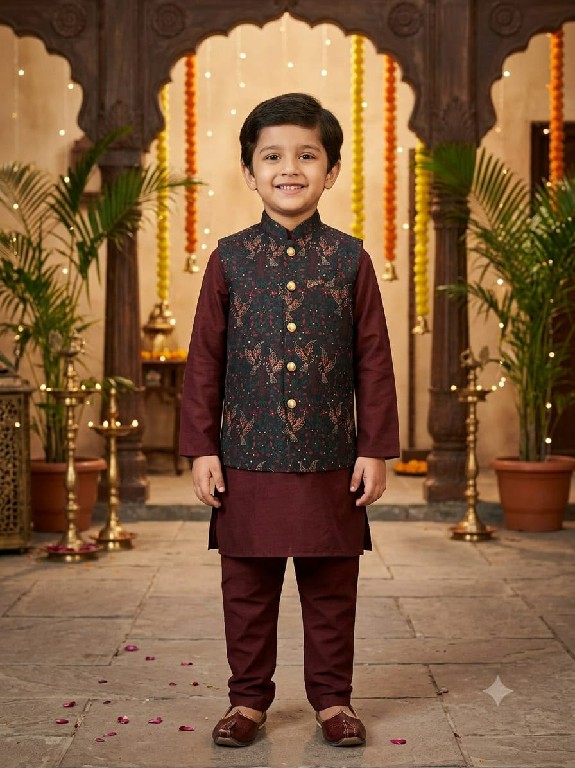 VENMER LAUNCH READYMADE PARTY WEAR SILK KURTA PYJAMA WITH JACQUARD KOTI FOR KIDS ONLINE